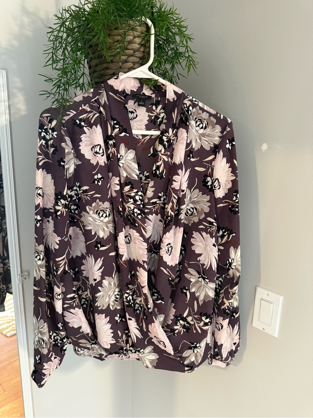 Ann Taylor Plum Floral Surplice Blouse with Pink and White Blooms